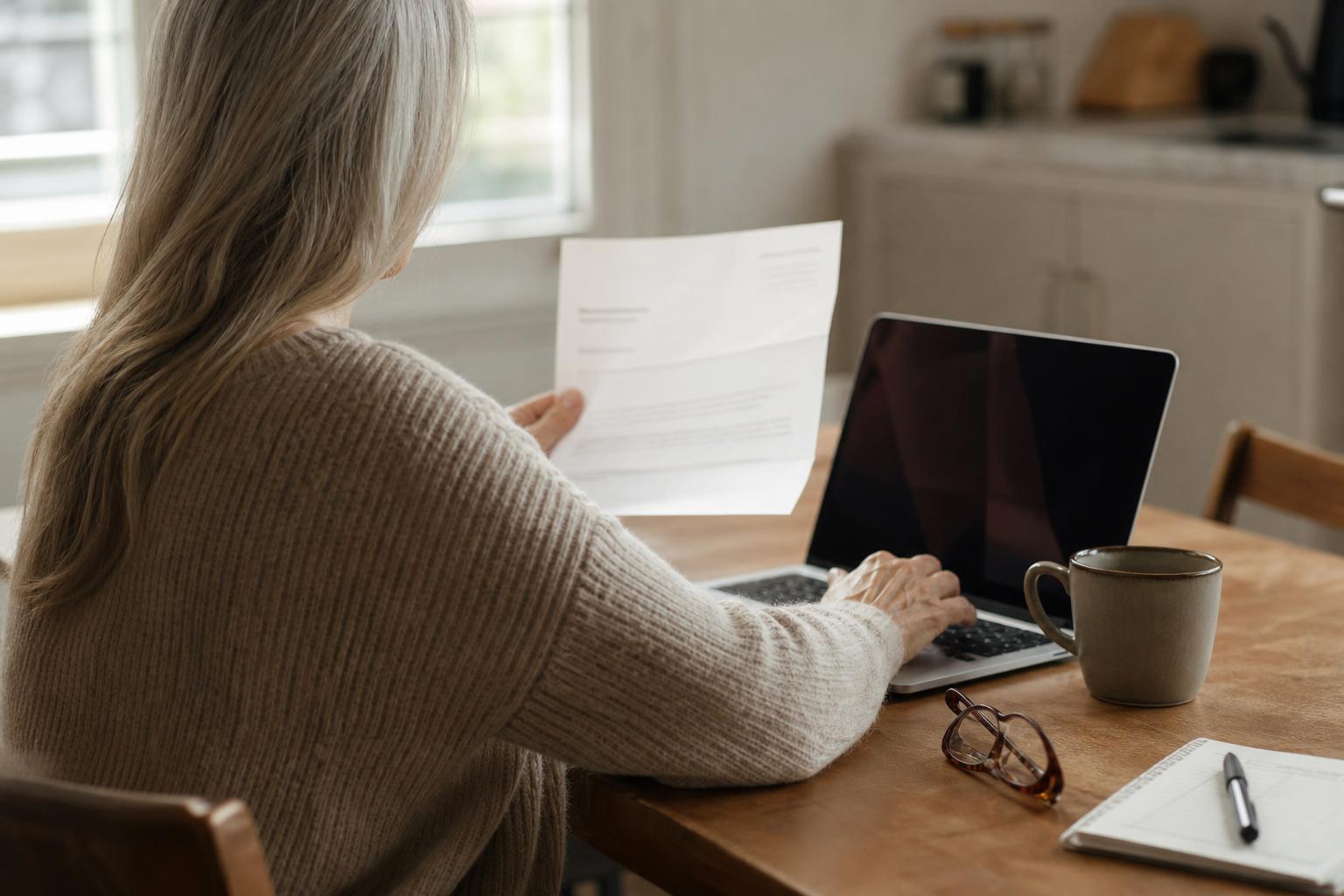An older adult reviewing a Medicare letter at a kitchen table with a laptop, mug, and reading glasses